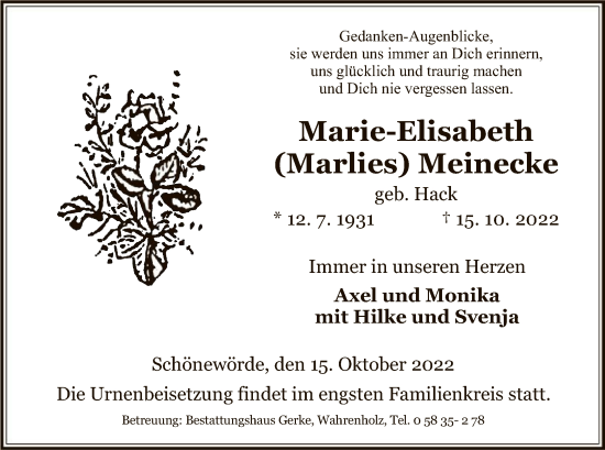 Traueranzeige von Marlie-Elisabeth Meinecke von UEL