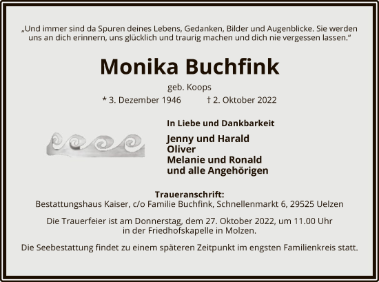 Traueranzeige von Monika Buchfink von UEL