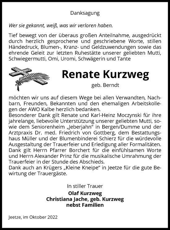 Traueranzeige von Renate Kurzweg von UEL