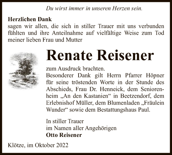 Traueranzeige von Renate Reisener von UEL