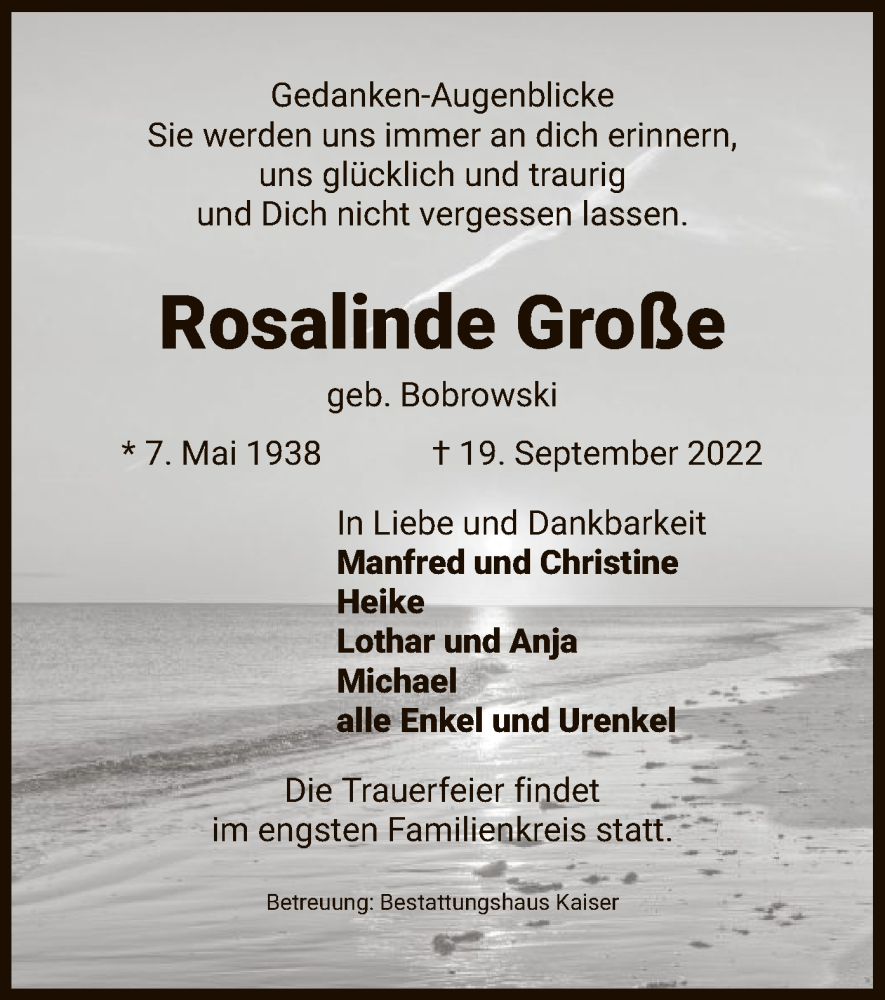 Traueranzeige für Rosalinde Große vom 15.10.2022 aus UEL