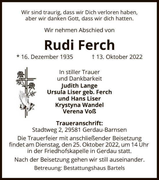 Traueranzeige von Rudi Ferch von UEL