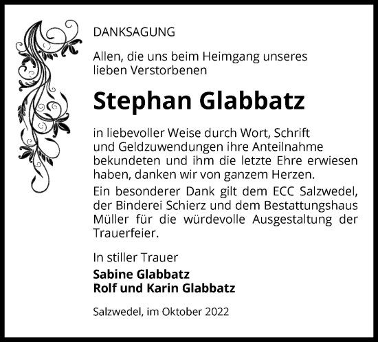 Traueranzeige von Stephan Glabbatz von UEL