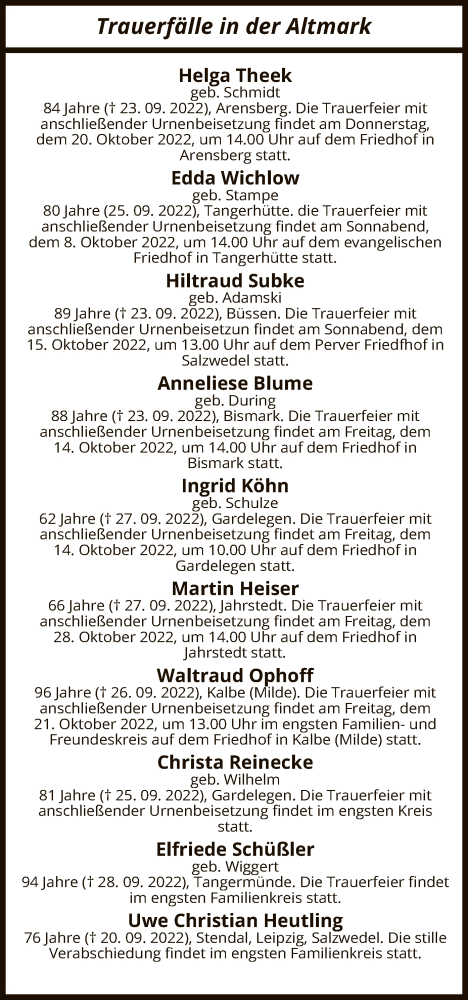 Traueranzeige von Totentafel vom 01.10.2022 von UEL