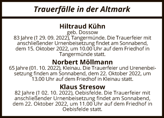 Traueranzeige von Totentafel vom 06.10.2022 von UEL