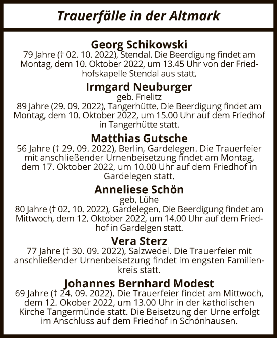 Traueranzeige von Totentafel vom 07.10.2022 von UEL