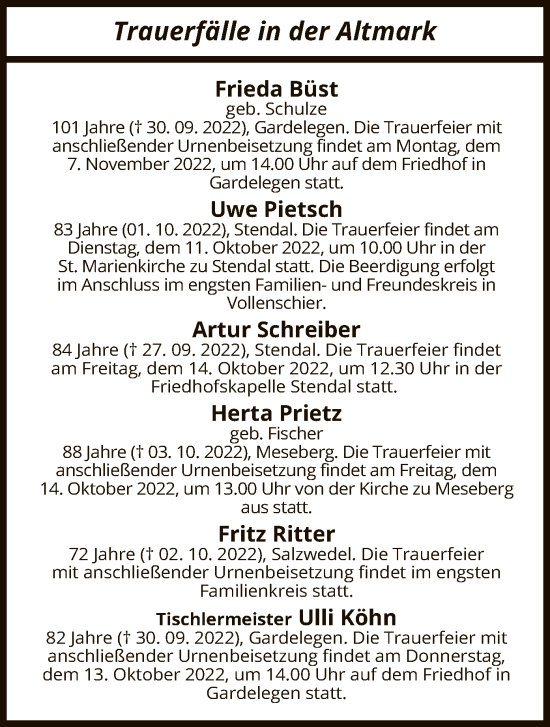 Traueranzeige von Totentafel vom 08.10.2022 von UEL