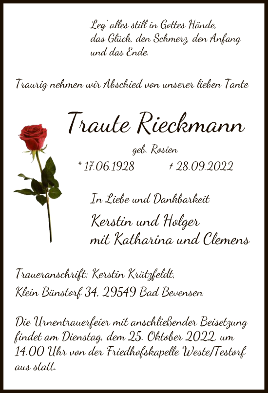 Traueranzeige von Traute Rieckmann von UEL