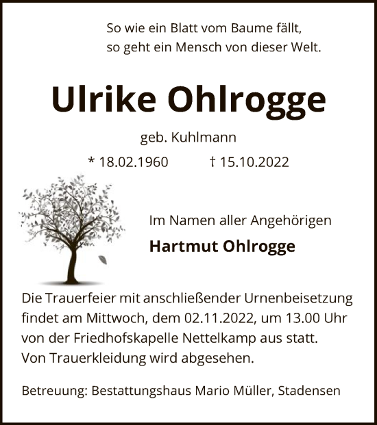 Traueranzeige von Ulrike Ohlrogge von UEL