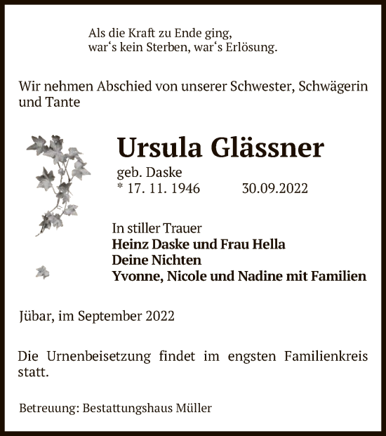 Traueranzeige von Ursula Glässner von UEL