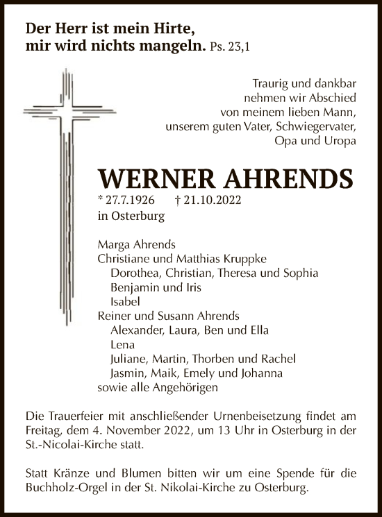 Traueranzeige von Werner Ahrends von UEL