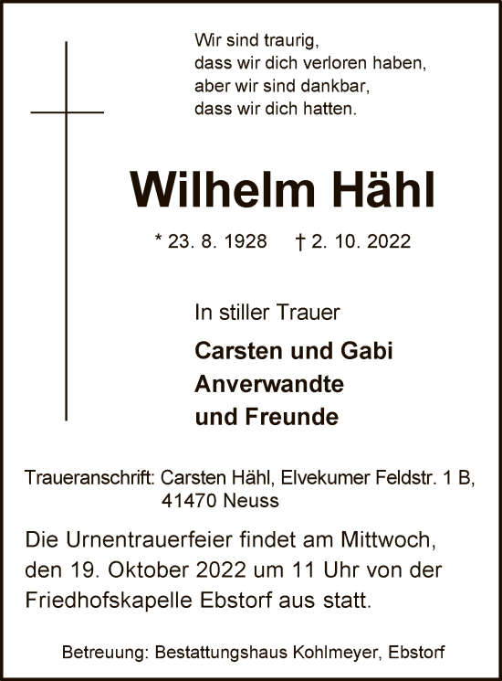 Traueranzeige von Wilhelm Hähl von UEL