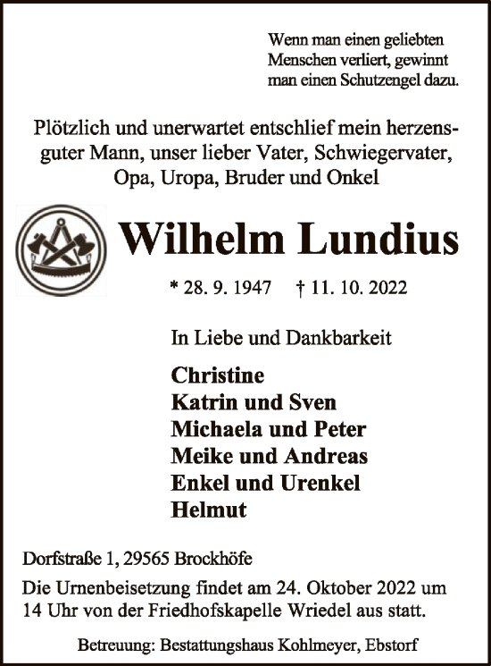 Traueranzeige von Wilhelm Lundius von UEL