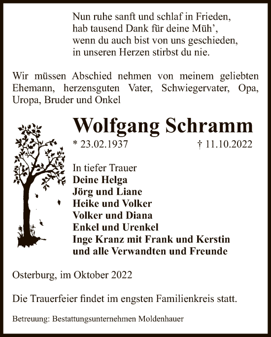 Traueranzeige von Wolfgang Schramm von UEL