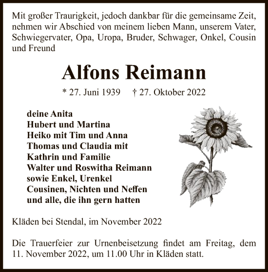 Traueranzeige von Alfons Reimann von UEL