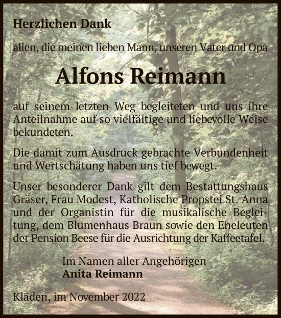 Traueranzeige von Alfons Reimann von UEL