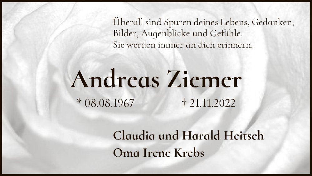  Traueranzeige für Andreas Ziemer vom 26.11.2022 aus UEL