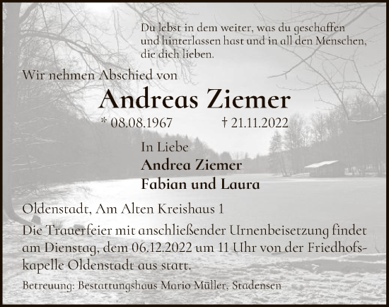 Traueranzeige von Andreas Ziemer von UEL