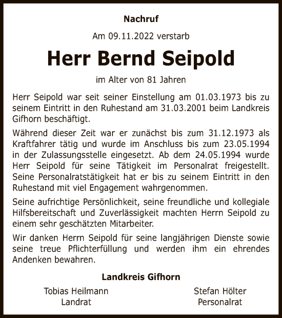 Traueranzeige von Bernd Seipold von UEL