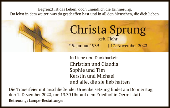 Traueranzeige von Christa Sprung von UEL