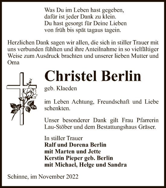 Traueranzeige von Christel Berlin von UEL