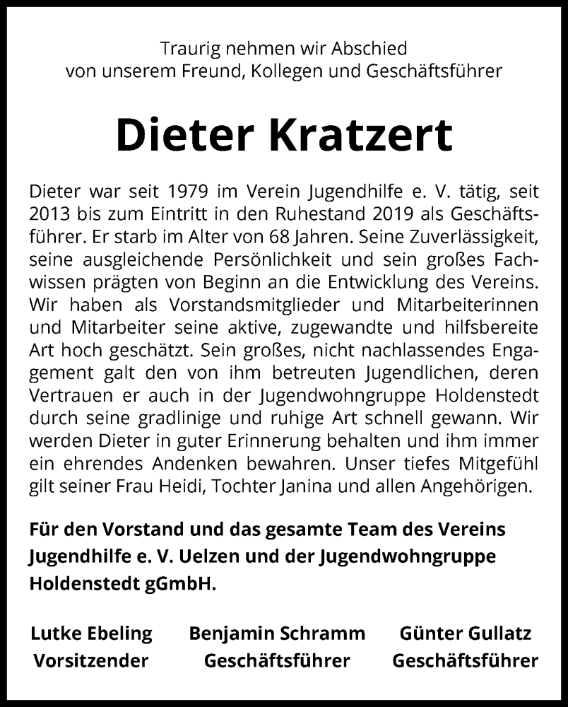  Traueranzeige für Dieter Kratzert vom 26.11.2022 aus UEL