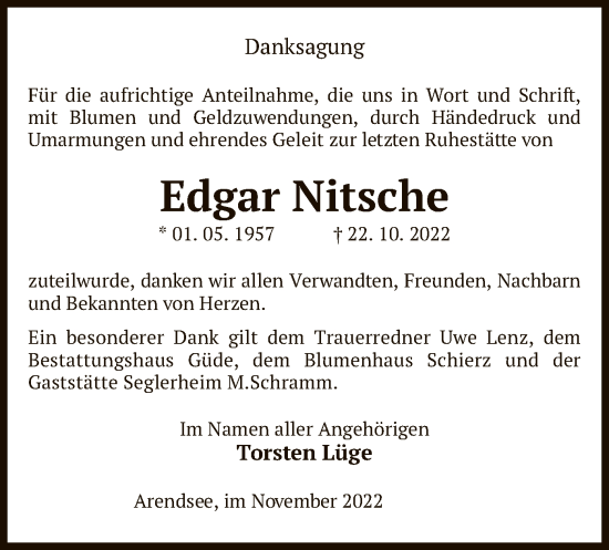 Traueranzeige von Edgar Nitsche von UEL