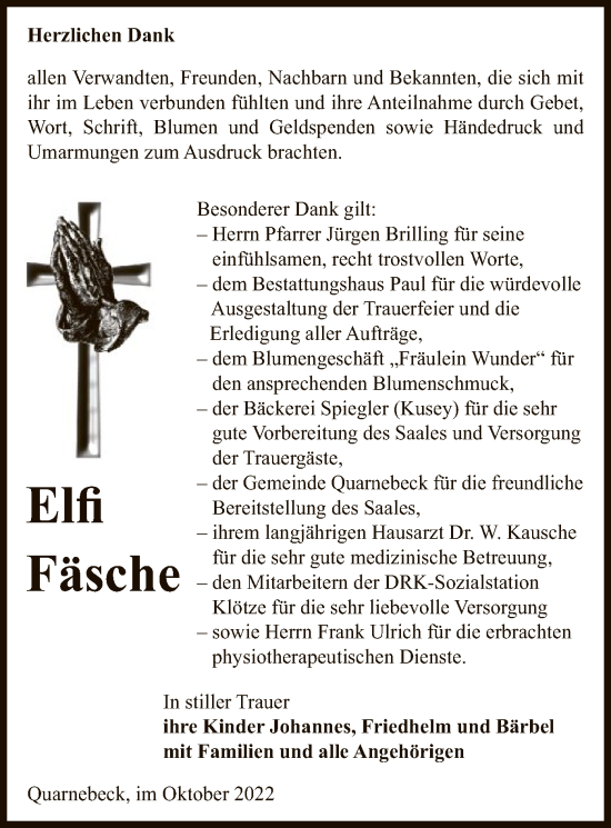 Traueranzeige von Elfi Fäsche von UEL