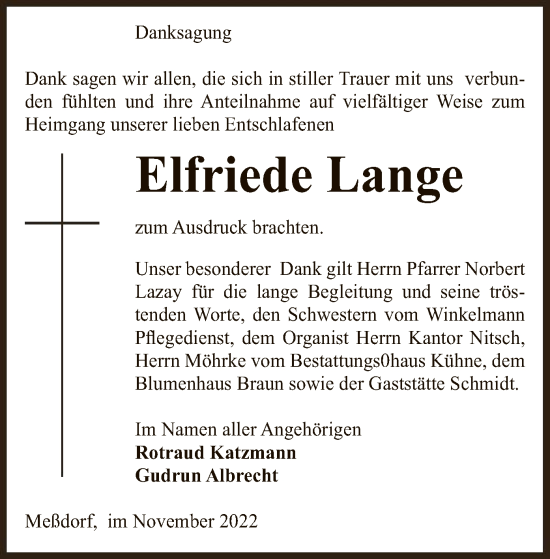 Traueranzeige von Elfriede Lange von UEL