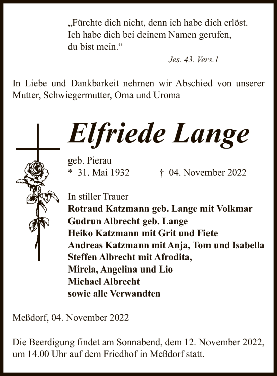 Traueranzeige von Elfriede Lange von UEL