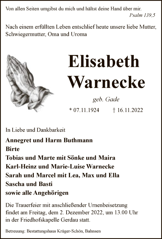 Traueranzeige von Elisabeth Warnecke von UEL