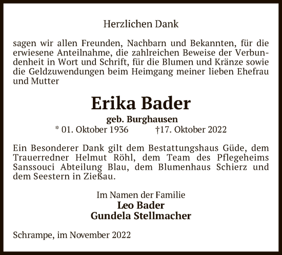 Traueranzeige von Erika Bader von UEL