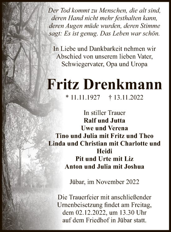 Traueranzeige von Fritz Drenkmann von UEL