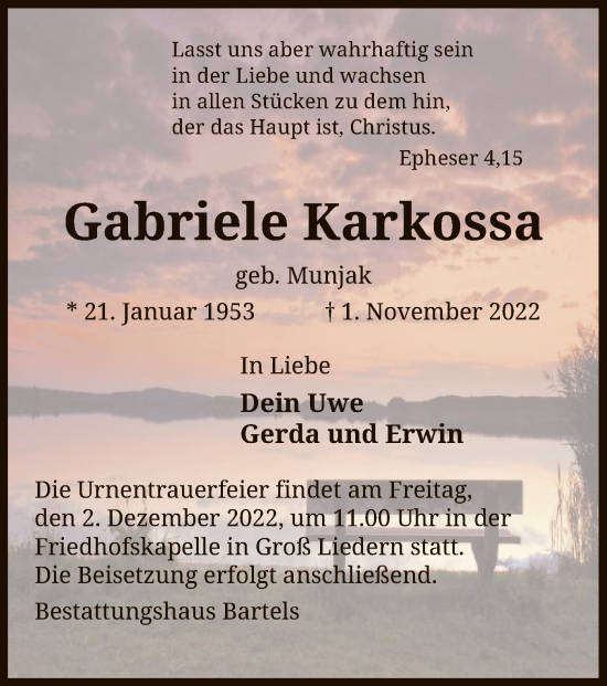 Traueranzeige von Gabriele Karkossa von UEL