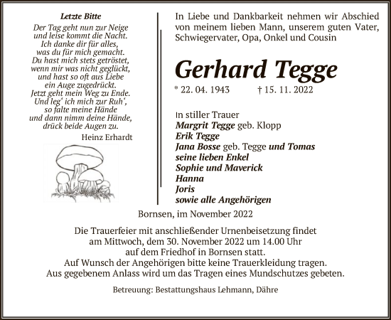 Traueranzeige von Gerhard Tegge von UEL