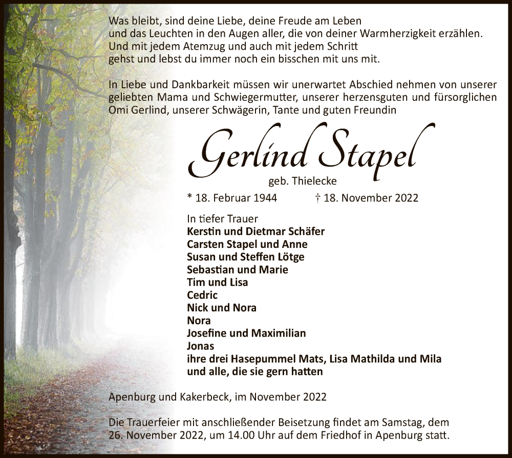  Traueranzeige für Gerlind Stapel vom 23.11.2022 aus UEL