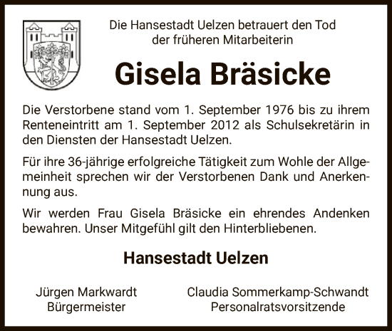 Traueranzeige von Gisela Bräsicke von UEL