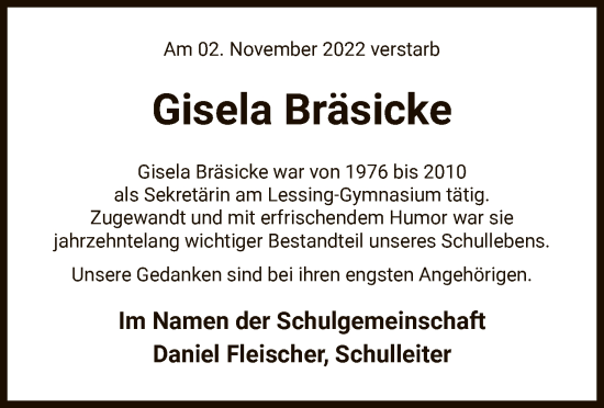 Traueranzeige von Gisela Bräsicke von UEL