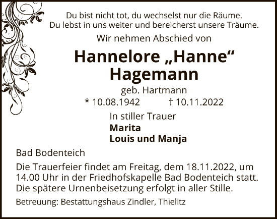 Traueranzeige von Hannelore Hagemann von UEL