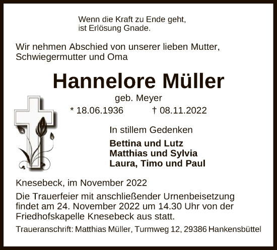 Traueranzeige von Hannelore Müller von UEL