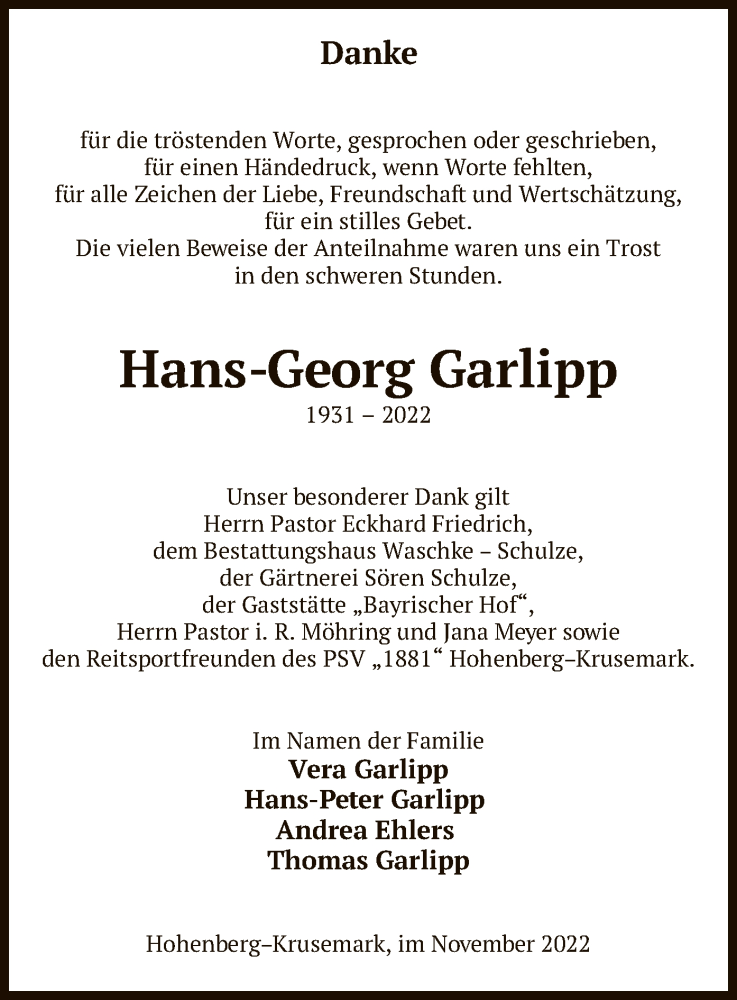  Traueranzeige für Hans-Georg Garlipp vom 24.11.2022 aus UEL
