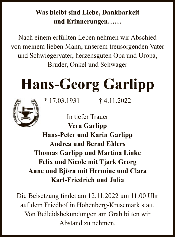  Traueranzeige für Hans-Georg Garlipp vom 09.11.2022 aus UEL