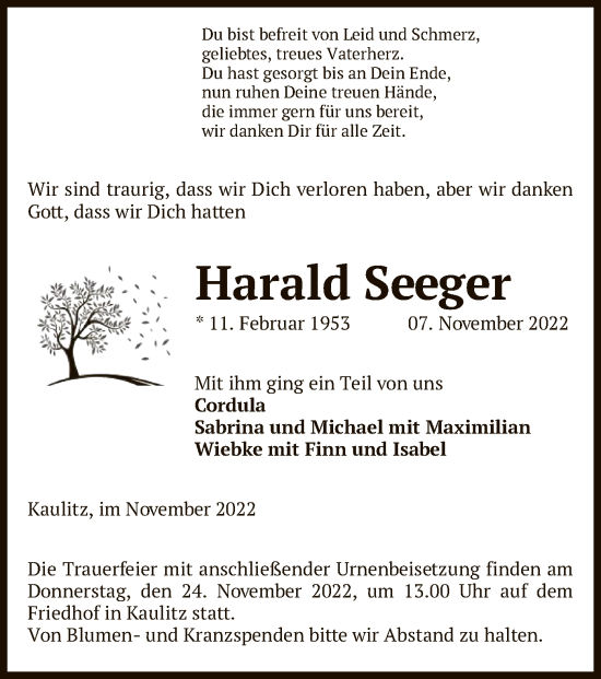 Traueranzeige von Harald Seeger von UEL