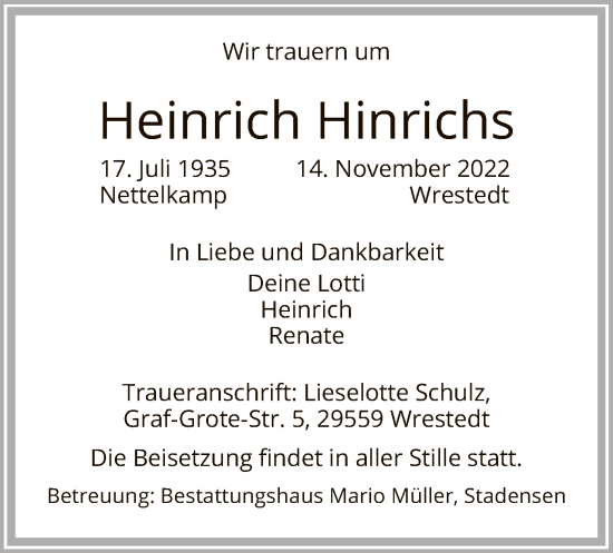 Traueranzeige von Heinrich Hinrichs von UEL