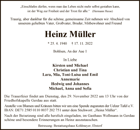 Traueranzeige von Heinz Müller von UEL