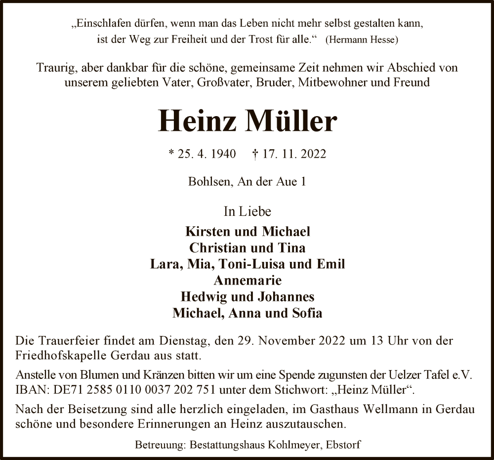  Traueranzeige für Heinz Müller vom 22.11.2022 aus UEL