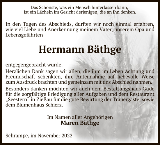 Traueranzeige von Hermann Bäthge von UEL