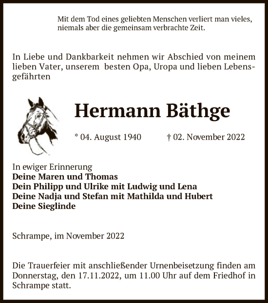 Traueranzeige von Hermann Bäthge von UEL