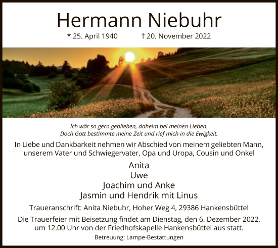 Traueranzeige von Hermann Niebuhr von UEL