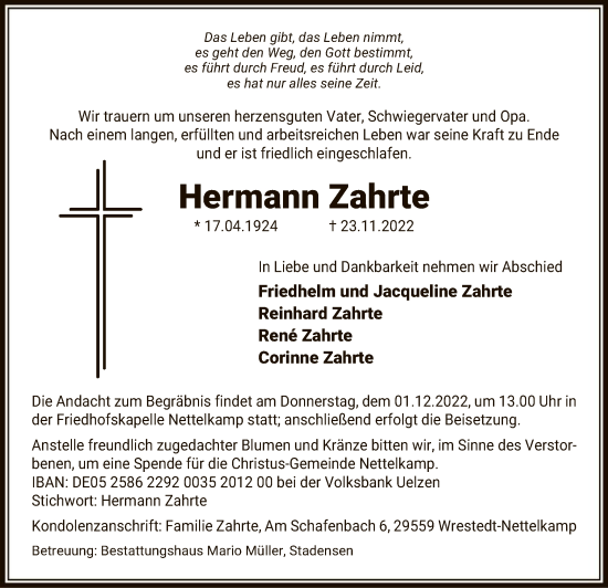 Traueranzeige von Hermann Zahrte von UEL